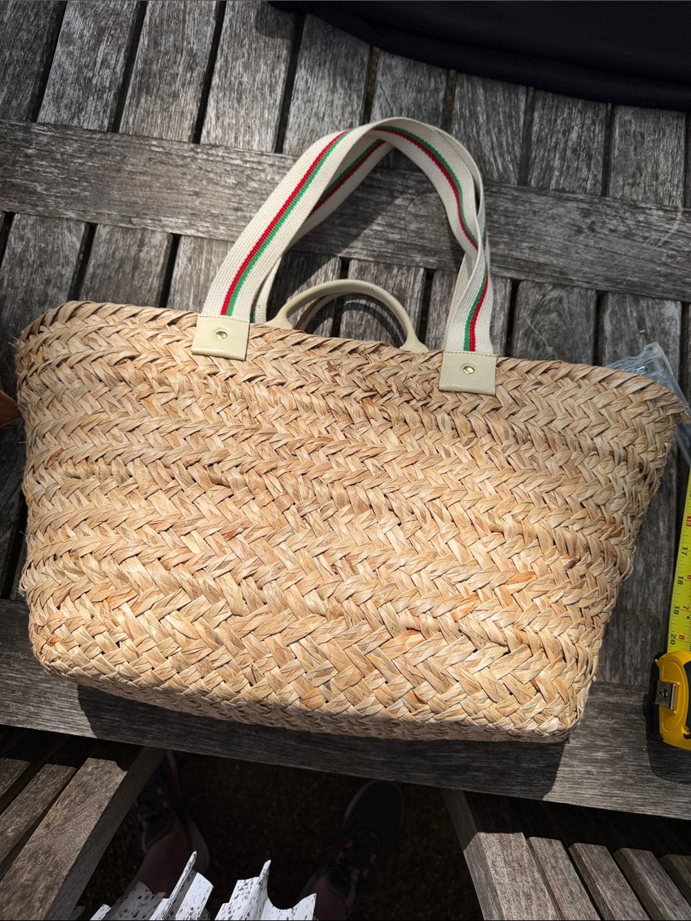Clare V Natural Woven Straw Tote with Cream Strap Accents and Red/Green Trim